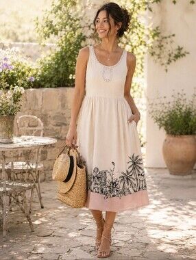 Tristan & Iseut Anthropologie Border Print Dress Lace Trim A-Line 12 14 Large